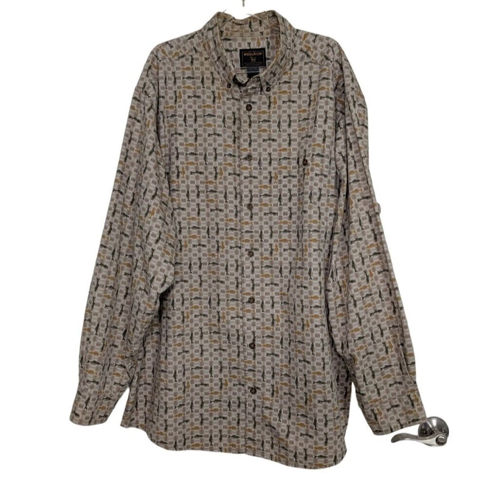 Woolrich Stone Fish Shirt Mens Size XL Tall Tan Cotton Trout Fishing Button Down